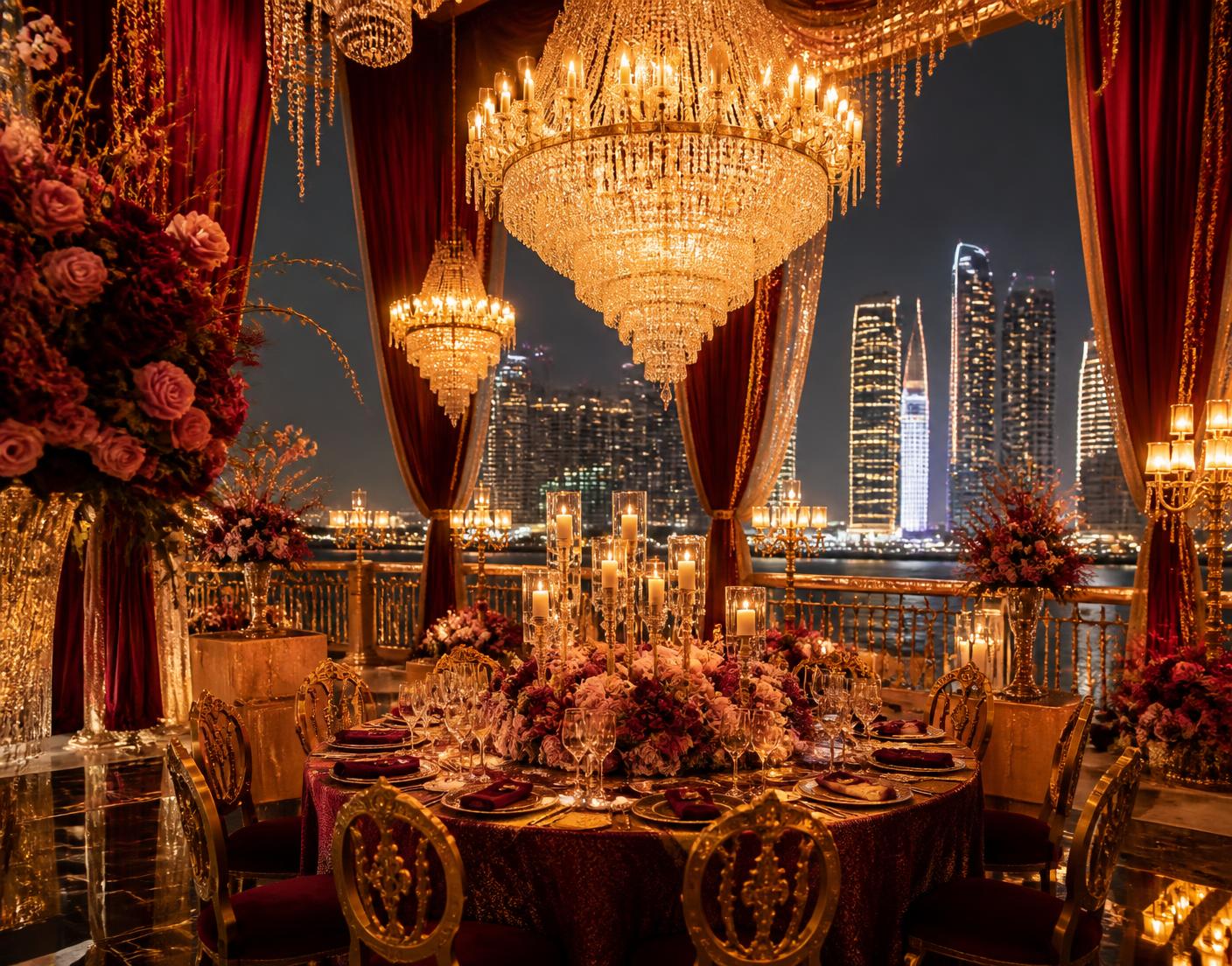 Chandelier-lit banquet table set for a luxury TRIA event with the Abu Dhabi skyline behind